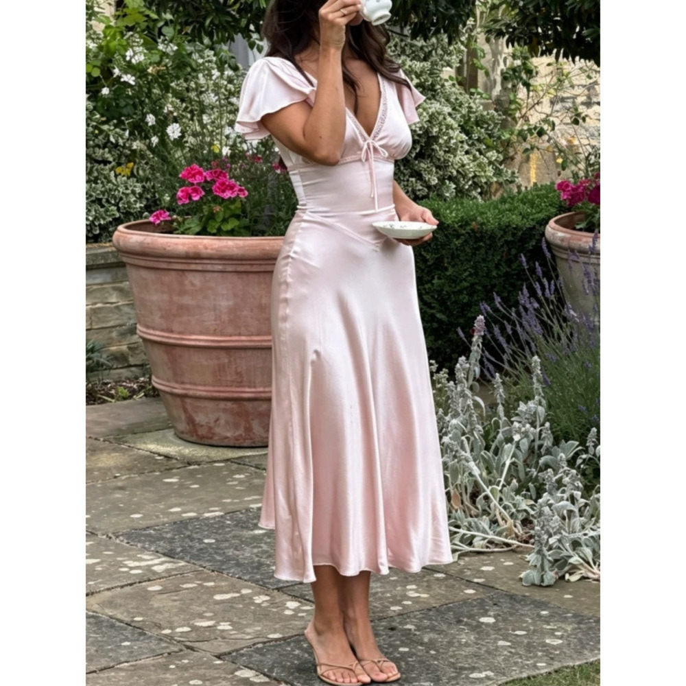 Zara Summer Court Style Satin Short Sleeve Maxi Dress